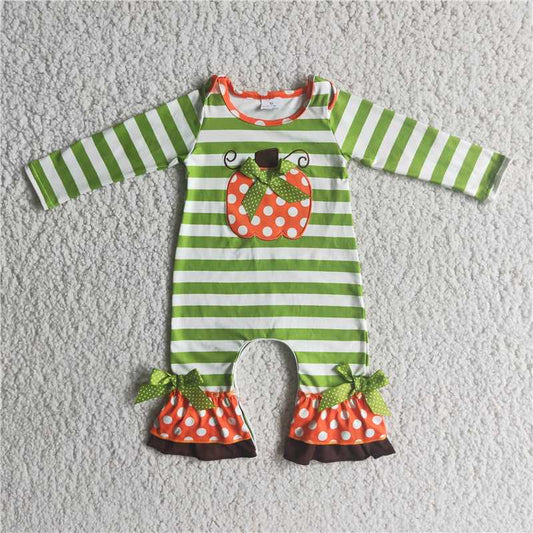 6 A10-26 Green Striped Pumpkin Bow Jumpsuit