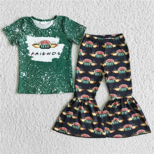 E1-4 Green Short Sleeve Top Flared Pants Set