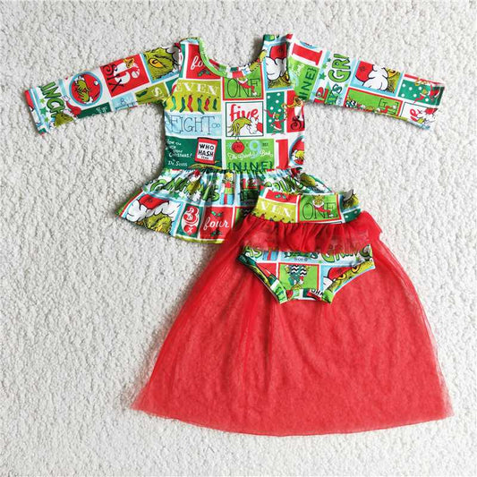 6 A20-13 CHRISTMAS GREEN TOP WITH TULLE BUMMIES SET