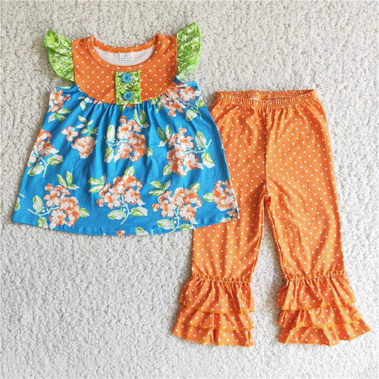 D1-4 Flowers Small Flying Sleeves Orange Polka Dot Ruffle Trousers Suit