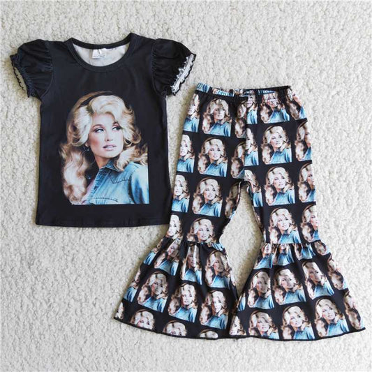 D3-3 Girls Black Short Sleeve Flared Pants Suit