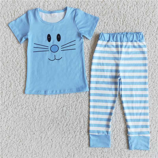 D7-5 boy cartoon cat blue short-sleeved trousers suit
