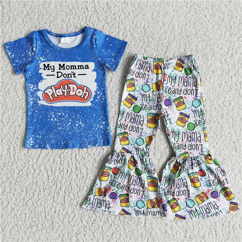 D11-3 Blue Short Sleeve Top Flared Pants Set
