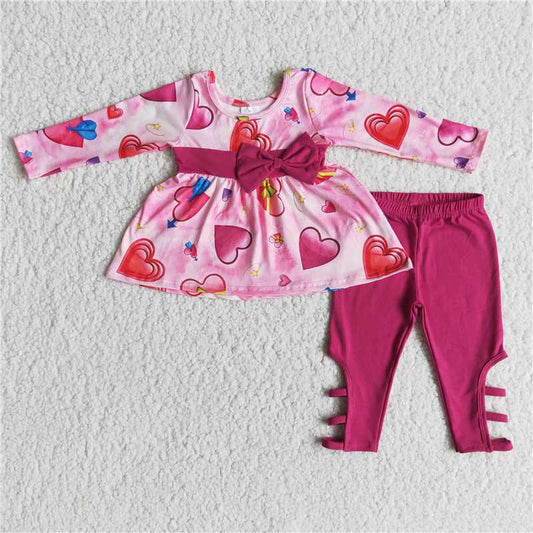 6 A27-15 Valentine's Day Heart Bow Long Sleeve Red Trousers Set