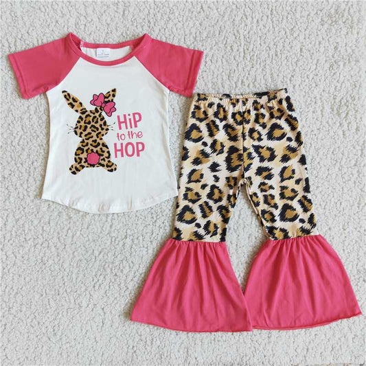 D7-17 Easter Bunny Short Sleeve Top Leopard Print Flared Pants Set