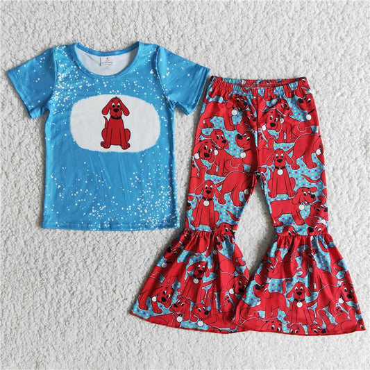 E5-16 Blue Top Red Dog Flared Pants Outfit