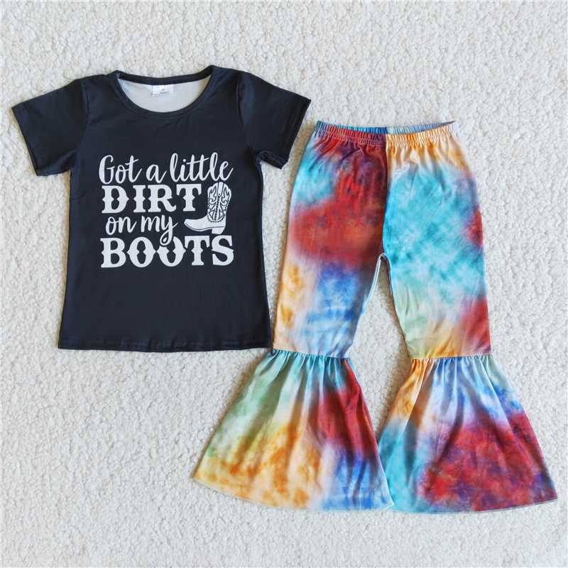 E9-29 Black Short Sleeve Tie Dye Flared Pants Set