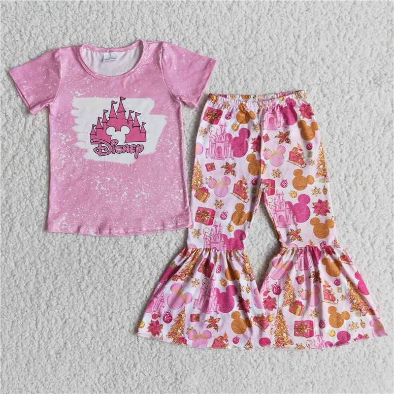 E6-30  Cartoon Pink Short Sleeve Flared Pants Suit