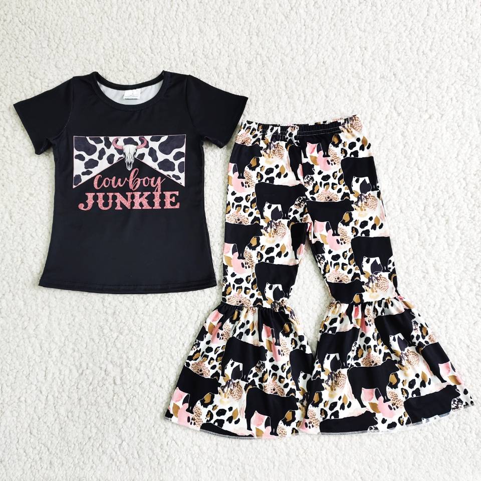 B6-28 Black Short Sleeve Cow Flared Pants Set