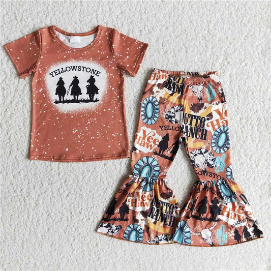 B1-19 Brown Short Sleeve Flared Pants Set