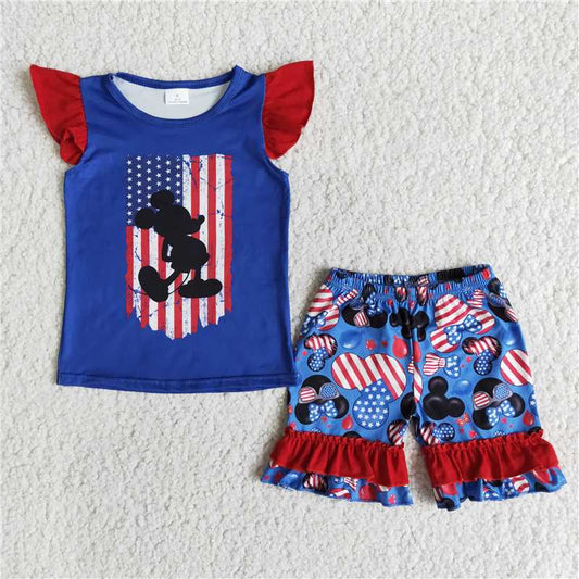 E12-1 4th of July cartoon blue short sleeve suit