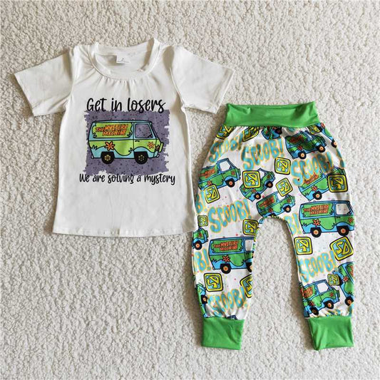 B9-28 Car White Short Sleeve Top Boys Trousers Set