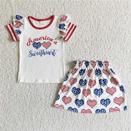 GSSO0051 Girls American National Day Love Short Sleeve Skirt Suit