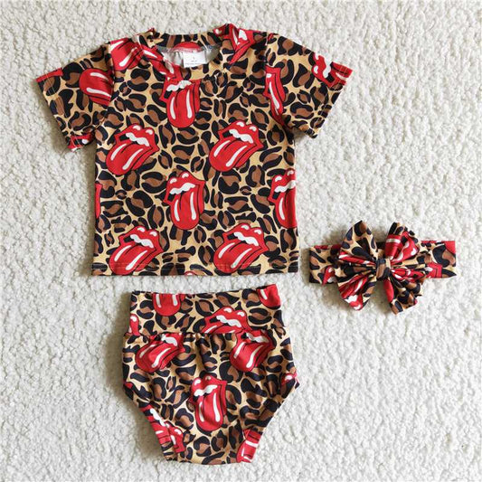 GBO0016 Girls Short Sleeve Leopard Print Red Tongue Briefs Suit with bow