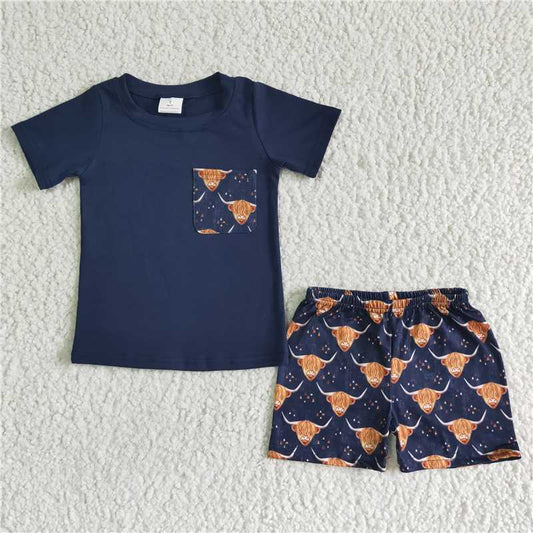 BSSO0035 Boys Navy Blue Pocket Short Sleeve Alpine Shorts Suit