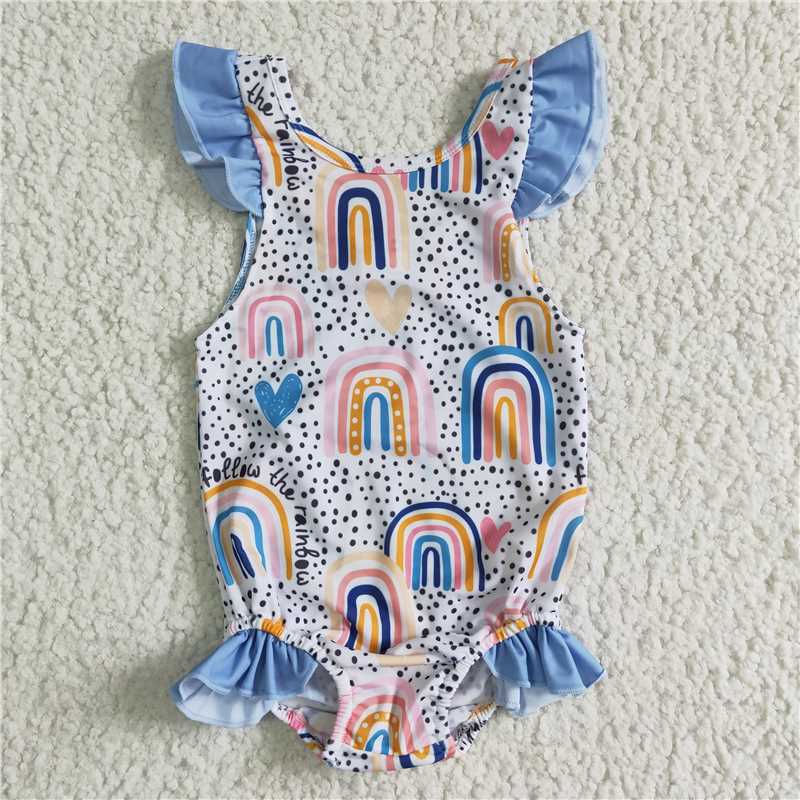 S0002 Blue Lace Polka Dot Ladies One Piece Swimsuit