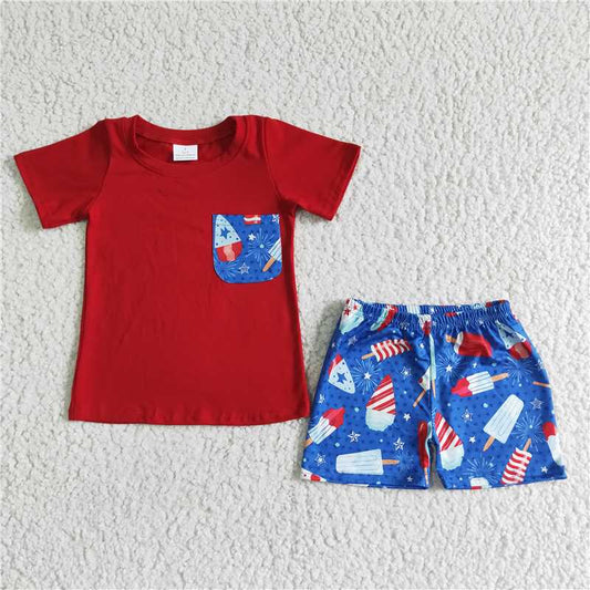BSSO0025 Boys 4th of July Red Blue Pocket Popsicle Ice Cream Short Sleeve