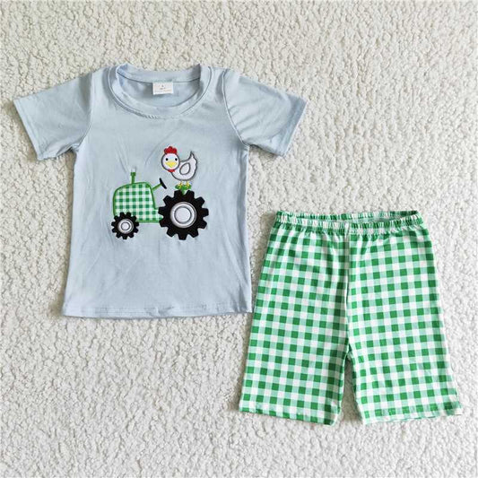 BSSO0031 Boys Blue Embroidered Car Chick Short Sleeve Green Plaid Suit