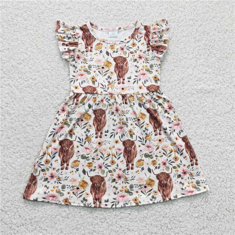 GSD0158 flutter sleeve highland cow floral dress