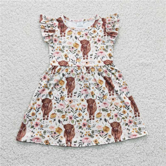 GSD0158 flutter sleeve highland cow floral dress