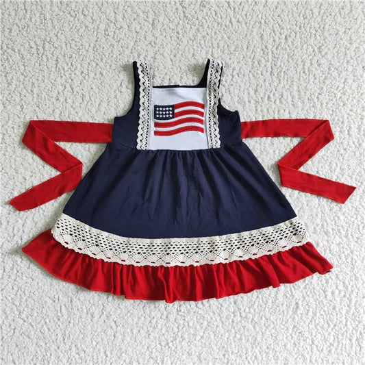 A9-3 New summer Flag Lace Trim Strap Panel Dress