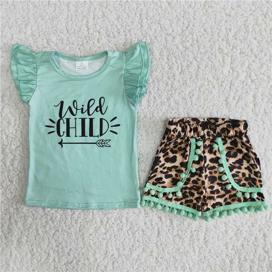 A15-24 wild child leopard shorts with green sleeves set