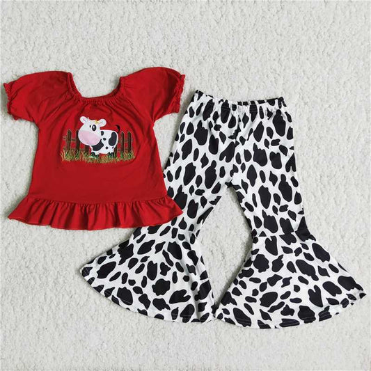 B18-13 Embroidered Cow Farm Black and White Pants Set