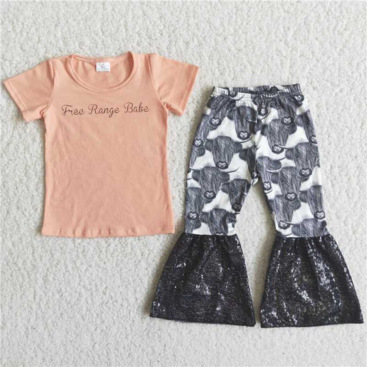 C13-5 Letter Short Sleeve Bull Head Flared Pants