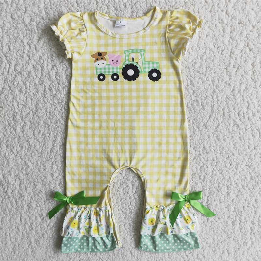 D13-11 Yellow check pig cow green truck romper