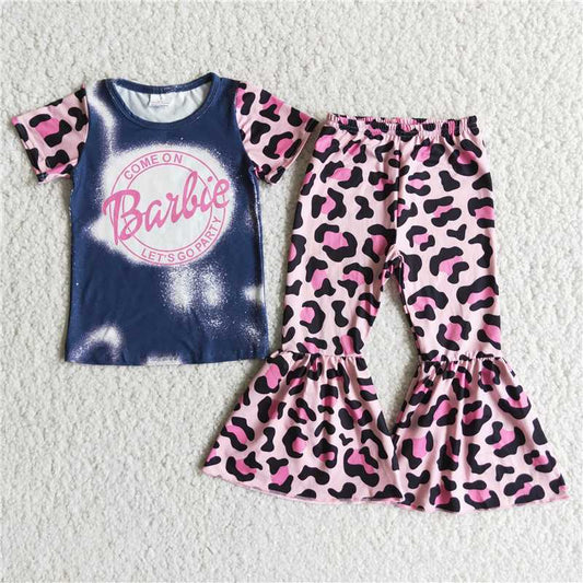 E8-1 Short Sleeve Top Pink Leopard Flared Pants Set