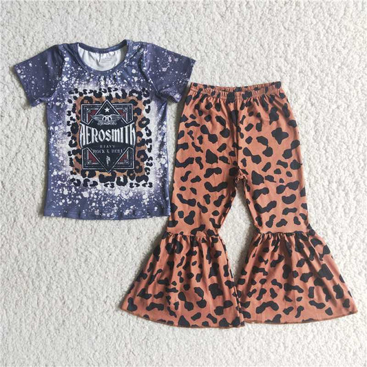 D5-20 Letter Short Sleeve Top Leopard Print Flared Pants Set