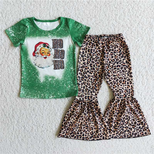 D1-5 Santa Green Short Sleeve Top Leopard Print Flared Pants