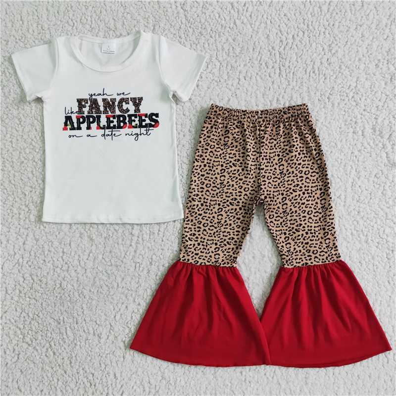 E4-20 Letter White Short Sleeve Top Leopard Print Flared Pants Set