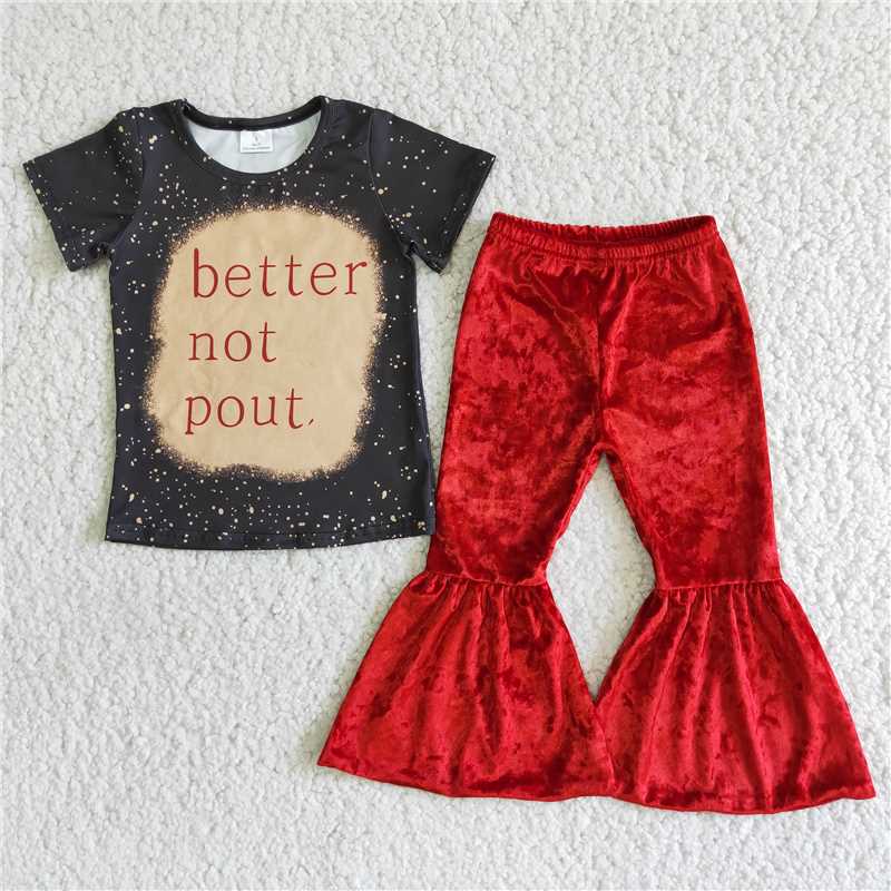 D2-19 Letter Short Sleeve Top Red Gold Velvet Flared Pants Set