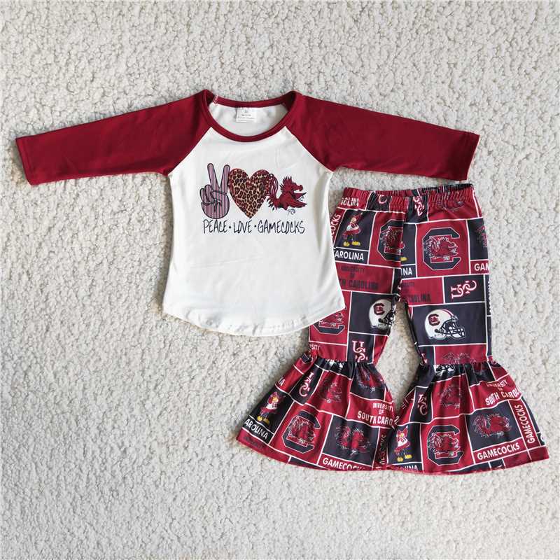 6 A12-16 Football Team Gesture Leopard Heart Long Sleeve Flared Pants Set