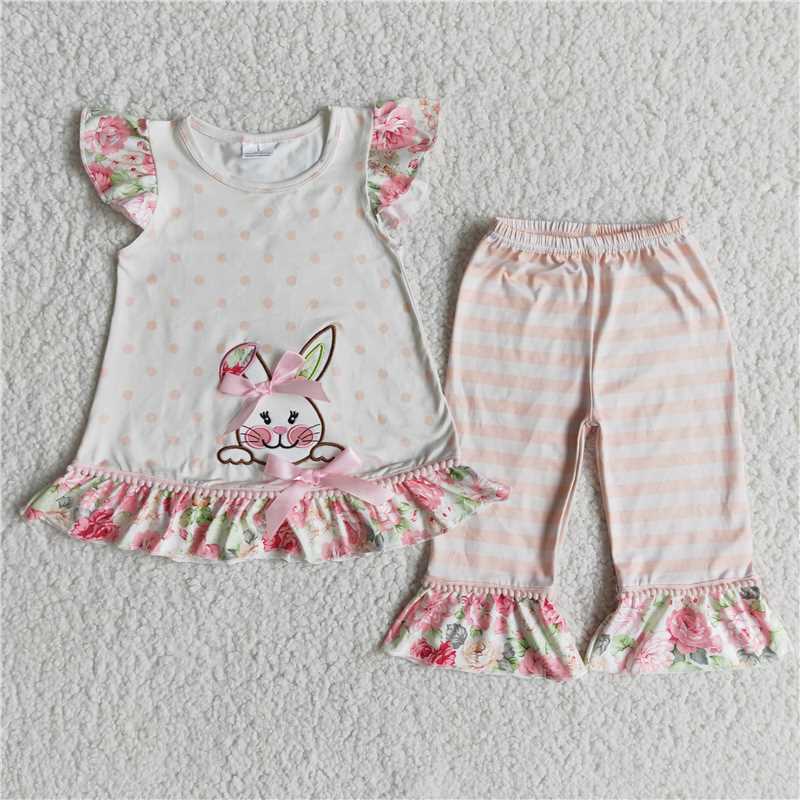 E6-18 Easter Embroidered Bunny Short Sleeve Striped Trousers