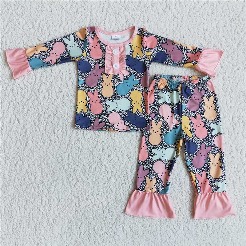 6 A29-18 Girls Easter Color Rabbit Long Sleeve Pants Pajama Set