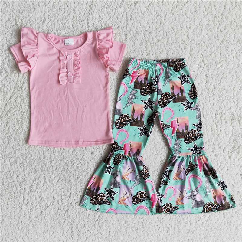 B2-11 Pink Short Sleeve Leopard Hat Lightning Flare Pants Set