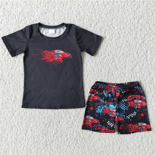 B0-27 black cartoon cars shorts set