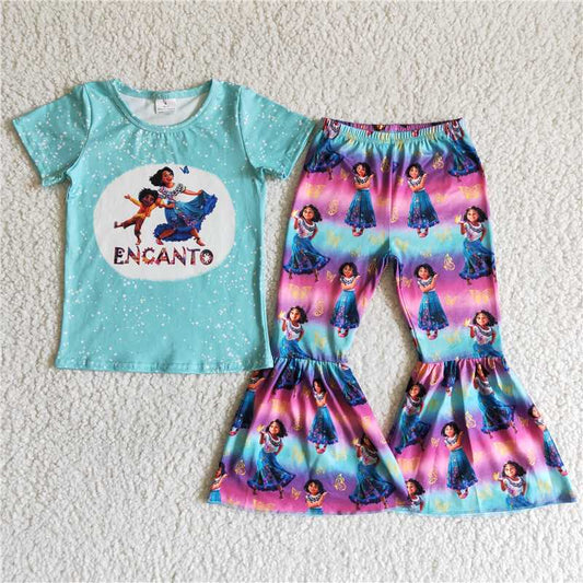 C0-30 Dancing Girl Blue Short Sleeve Flared Pants Suit