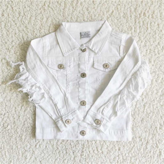 6 A32-28 White Denim Top Fringed Long Sleeve Jacket