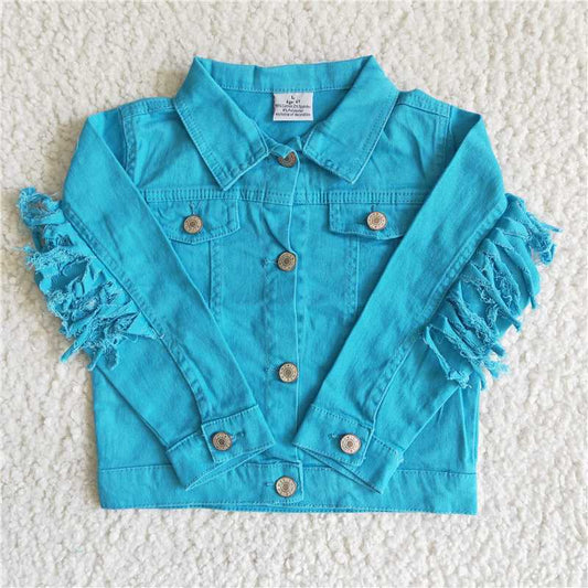6 A32-29 Blue Denim Top Fringed Long Sleeve Jacket