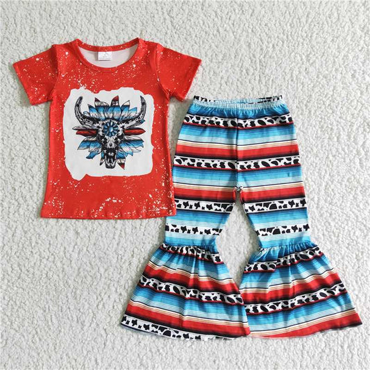 GSPO0052 Cow Head Short Sleeve Blue Red Cow Stripe Flared Pants Cover