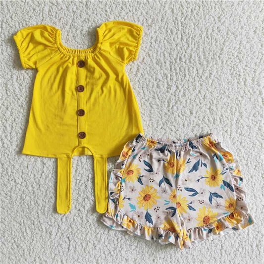 GSSO0035 Girls Yellow Flower Short Sleeve Shorts Suit