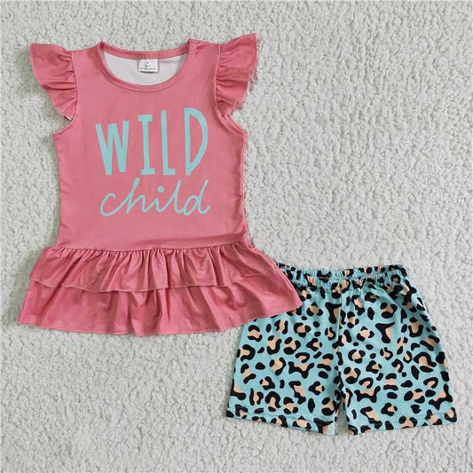 GSSO0036 Girls Pink Flying Sleeve Letter Leopard Blue Short Sleeve Short