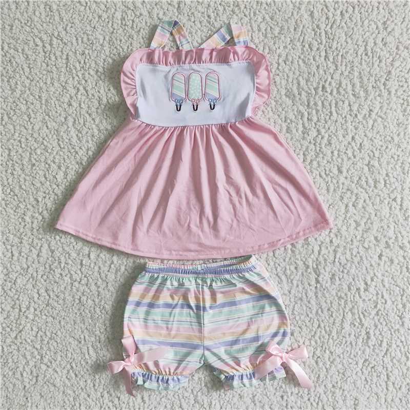 GSSO0012 Embroidered Pink Ice Cream Tank Top Bow Shorts Cover