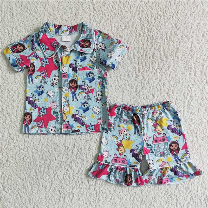 GSSO0014 Short-sleeved shorts with blue cartoon cat and small animal pattern