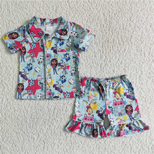 GSSO0014 Short-sleeved shorts with blue cartoon cat and small animal pattern