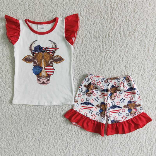 GSSO0046 Girls National Day Bull Tau Red Flying Sleeve Lace Shorts