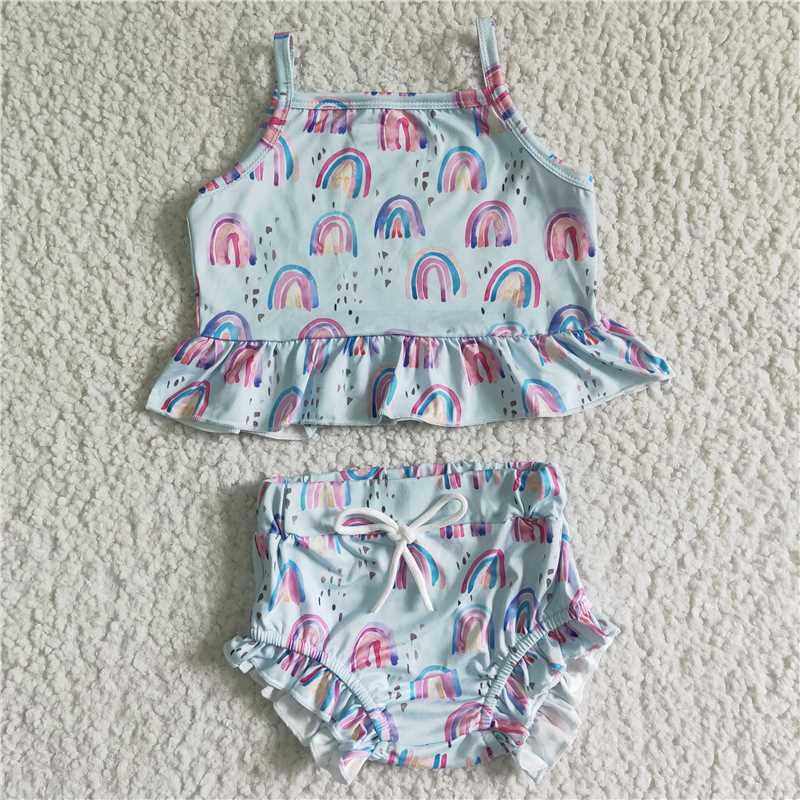 GBO0033 Girls Blue Sling Rainbow Lace Shorts Outfit